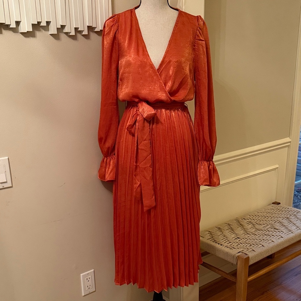 A. Calin by Flying Tomato Orange Wrap Style Long Sleeve Dress Pleated Skirt